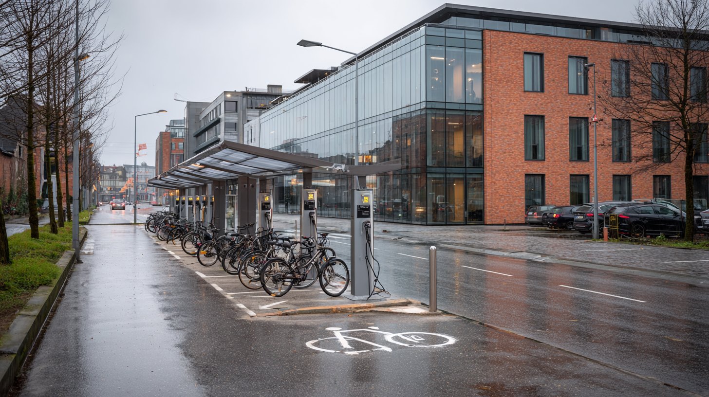 Parking d'un immeuble de bureaux avec borne de recharge pour véhicule électrique et abri vélos couvert
