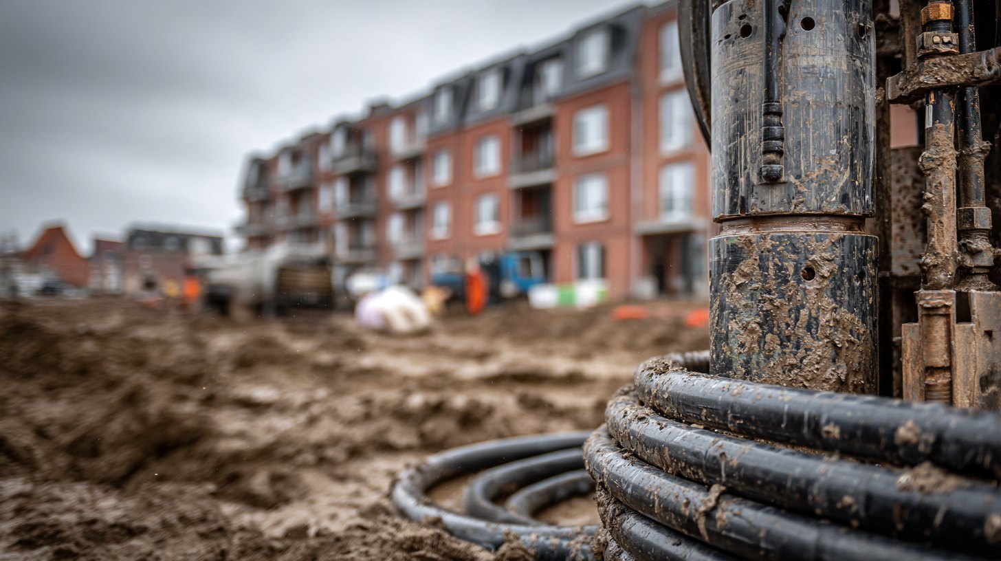 Foreuse et couronnes de sondes géothermiques sur le chantier d’un immeuble de logements