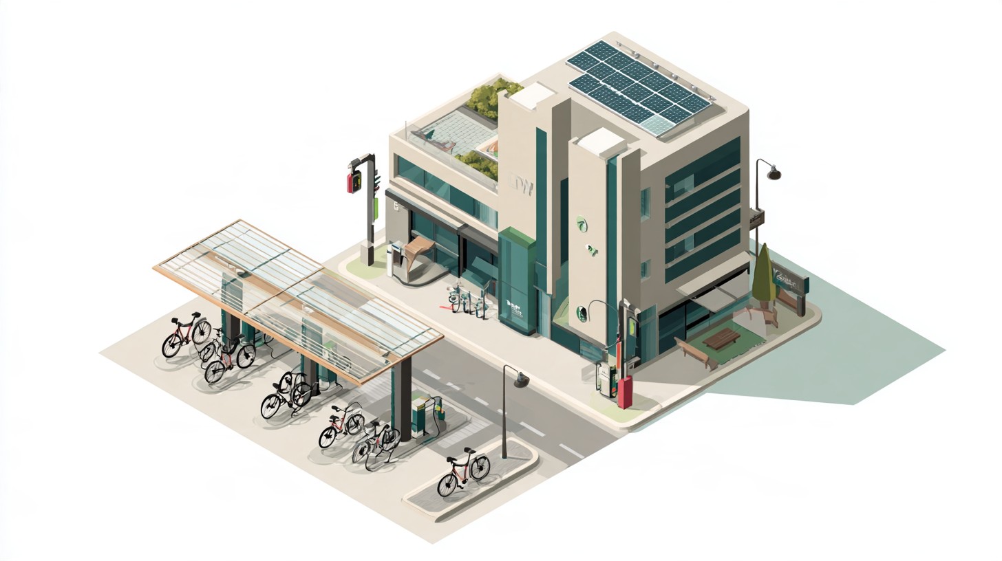 Illustration isométrique d'un immeuble de bureaux avec bornes de recharge, abri vélos couvert et panneaux solaires